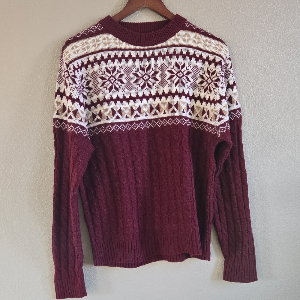 Stylish Burgundy and Cream Knit Crewneck Sweater